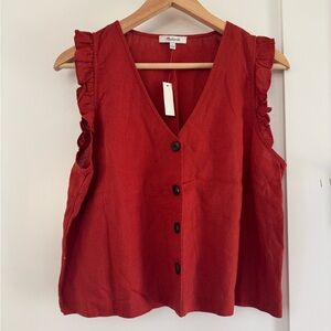 NWT Linen-Blend Ruffle Button-Front Tank